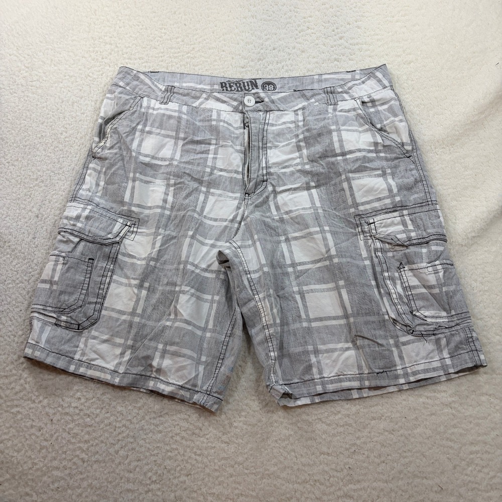 Rerun Cargo Shorts Mens 38 Gray White Plaid Cotton Utility Pockets Summer 7817